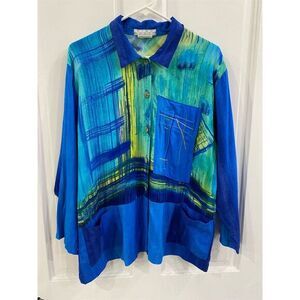 Nino Wong  Vintage California Women's Multicolor Geometric Button-Up Tunic Top